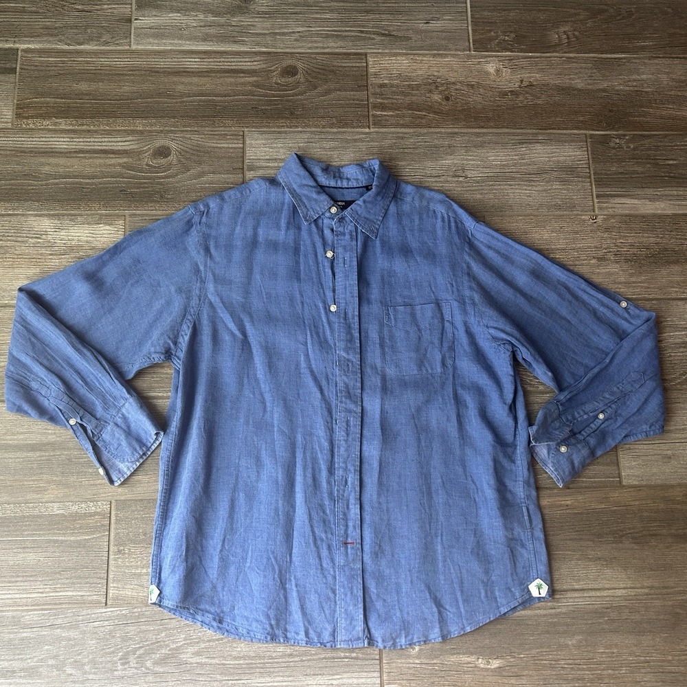 CREMIEUX CLASSICS Men's Blue Linen Button Down Shirt Palm Tree Accent Size L‎